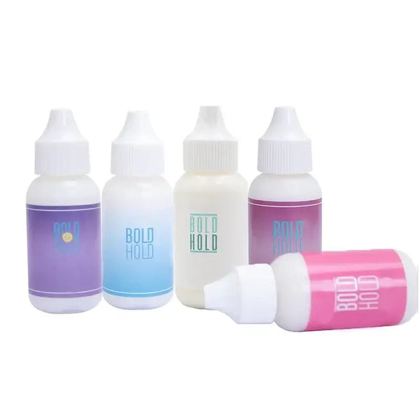 Bold Hold Lace Wig Adhesive bottles for extreme hold, suitable for toupee systems and wig caps, chemical-free formula.