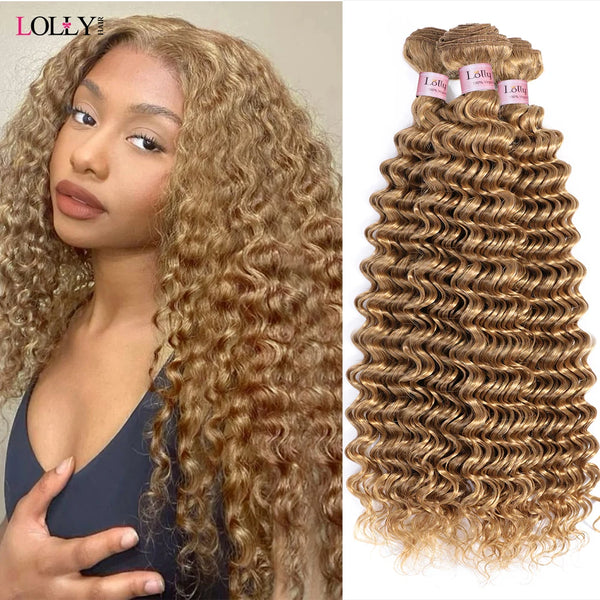 Lolly #27 Honey Blonde Bundles Deep Wave Hair Bundles Brazilian Hair Weave Human Hair Bundles Deep Wave Hair Bundles 3/4 Bundles